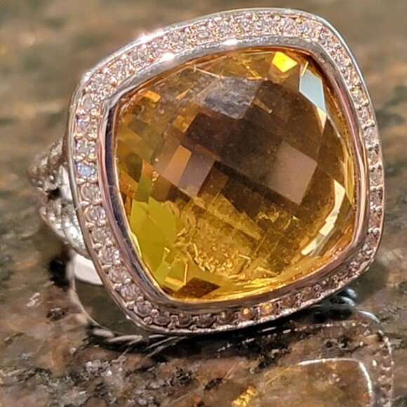 David Yurman S/S & Diamonds 17mm Lemon Citrine ALBION Ring Sz 9 - Picture 2 of 8
